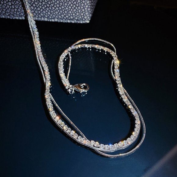 NEW Silver Round Diamond Thin Snake Chain Double Layer Necklace - Picture 6 of 7